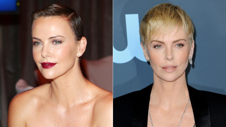 Split image of Charlize Theron with short brown hair and a red lip on the left, and with a blond pixie cut on the right.
