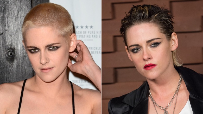 Split image of Kristen Stewart with a blond buzz cut on the left and with a choppy brown mullet and red lip on the right.