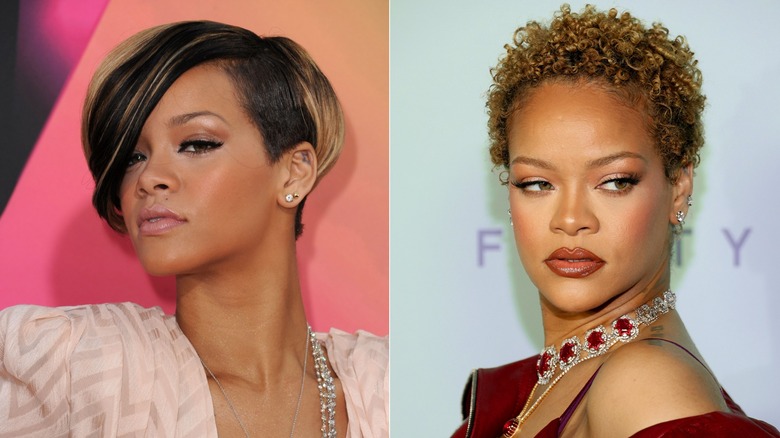 Split image of Rihanna with a short asymmetrical bob and pink outfit on the left, and with short blond curly hair on the right.