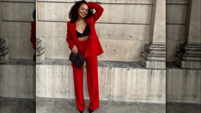 women's red suit black bra