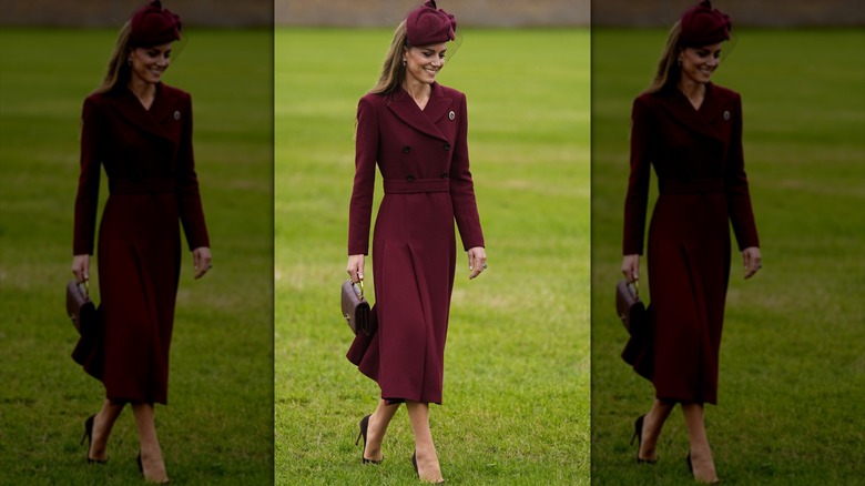 Kate Middleton wearing a burgundy outfit as she welcomes the Trumps to the UK