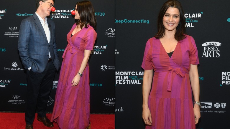 Rachel Weisz in a pink wrap dress while pregnant