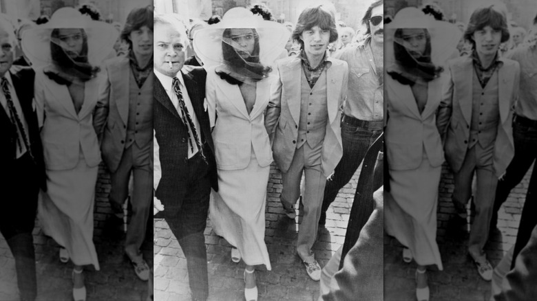 Mick Jagger and Bianca Jagger pictured in black and white on their wedding day in 1971.