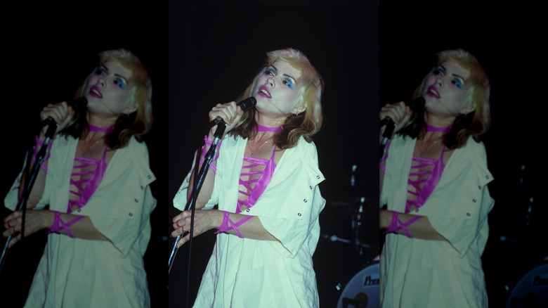 Debbie Harry of Blondie performs on stage in Los Angeles, California in January 1977
