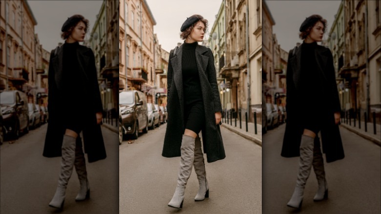 woman wearing black coat over black dress