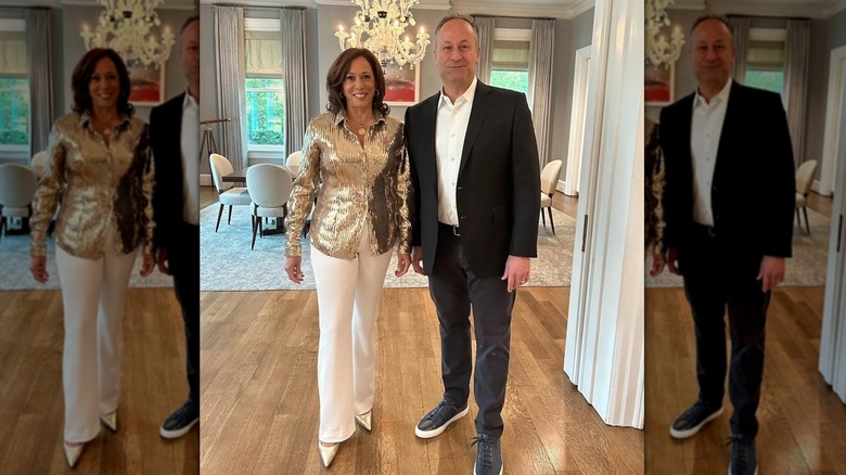Kamala Harris in a gold sequin shirt with white pants next to Doug Emhoff
