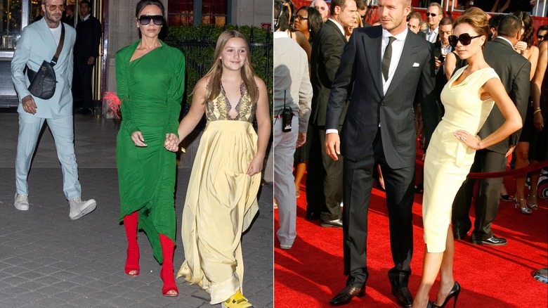 Split image of Harper Beckham wearing a yellow dress with Victoria Beckham in a green dress on the left and Victoria Beckham wearing a yellow dress with David Beckham on the right.