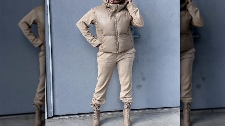 monochromatic puffer vest outfit