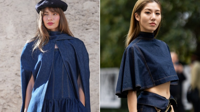 Two women wearing denim capes