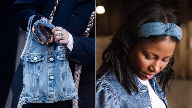 A denim handbag and a woman wearing a denim headband