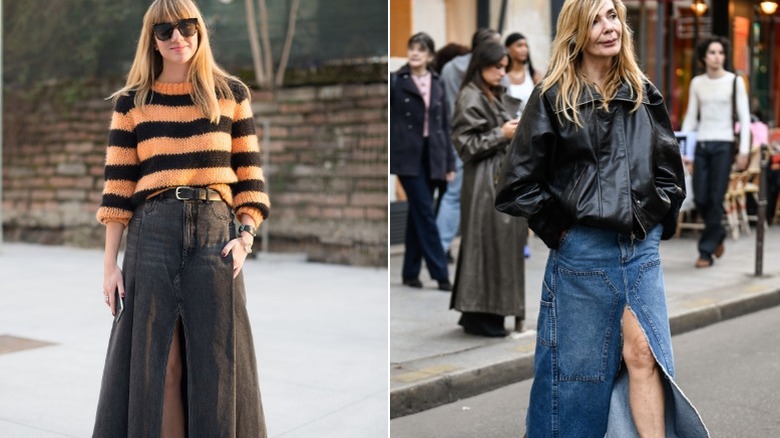 Two women wear denim maxi skirts