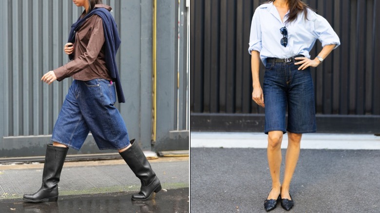Two women wearing denim shorts