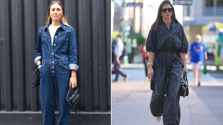 Two women wearing denim jumpsuits