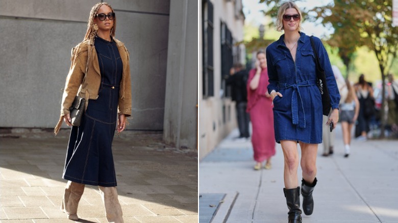 Two women wearing denim dresses