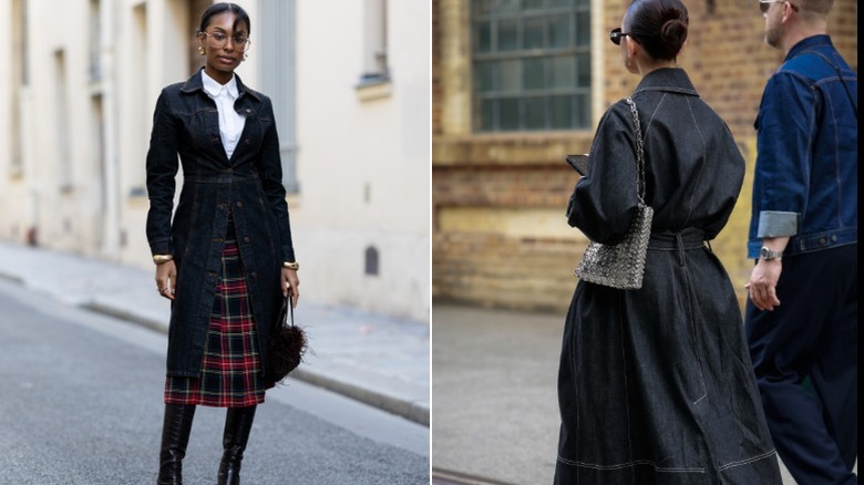 Two women wearing long denim coats