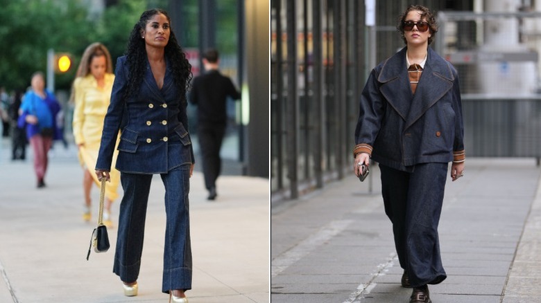 Two women wearing denim suits