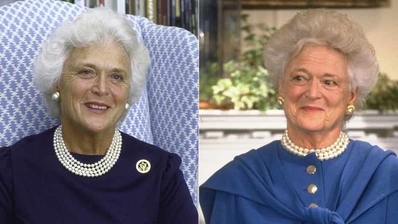 Barbara Bush wearing a pearl necklace on two occasions
