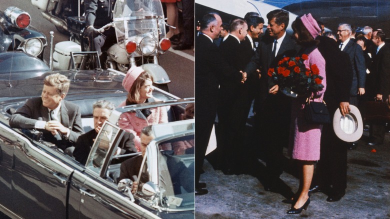 Two angles of Jackie Kennedy's famous pink Chanel suit