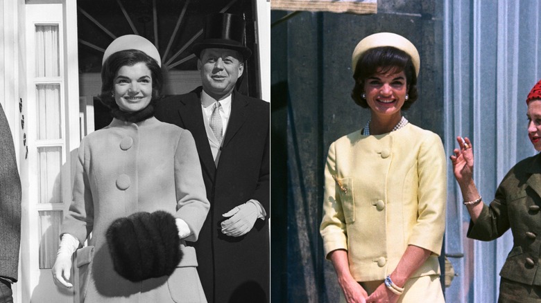 Jackie Kennedy Onassis wearing pillbox hats in two separate outfits