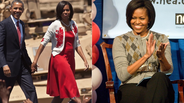Michelle Obama with Barack Obama, and by herself mixing plain cardigans with pearls