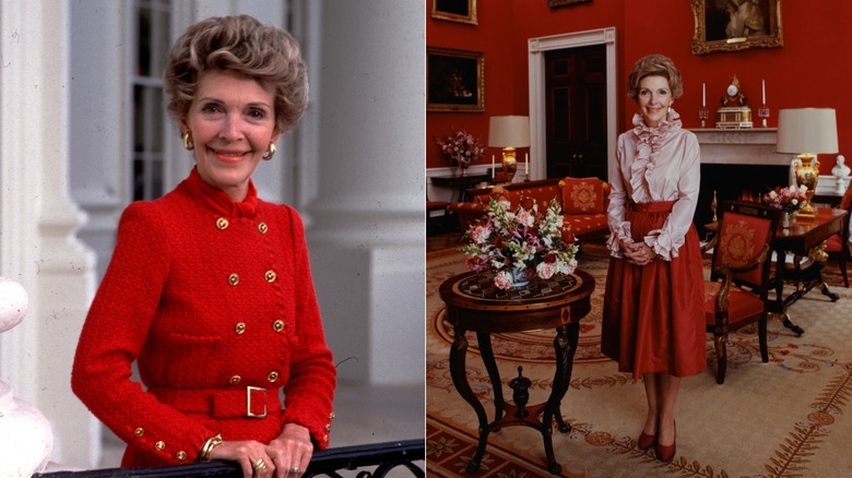 Nancy Reagan wearing a red coat and a pink shirt tucked into a red midi skirt