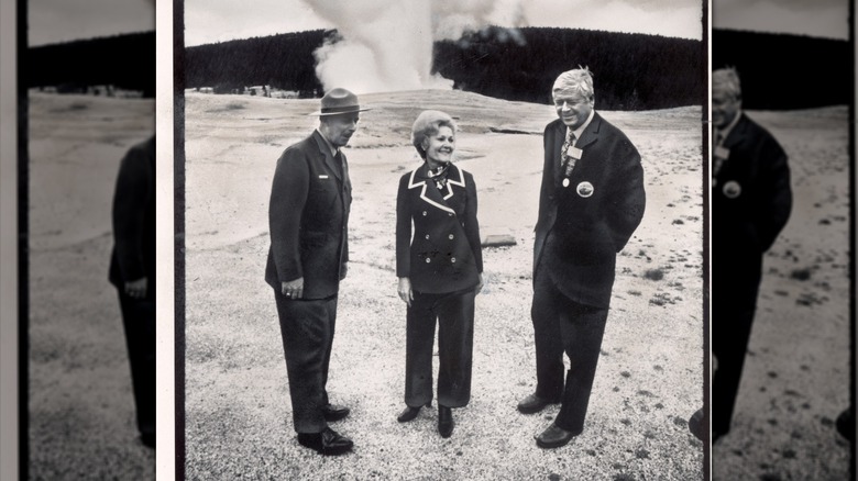 Pat Nixon wearing a pantsuit at Yellowstone National Park