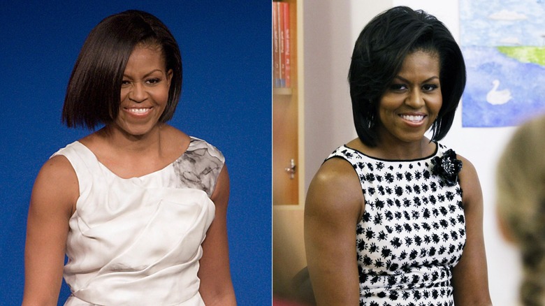 Michelle Obama wearing sleeveless dresses on two occasions