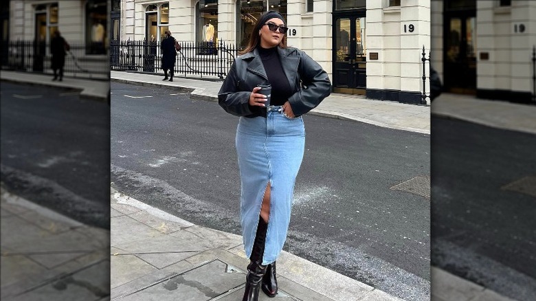 Woman in denim maxi skirt