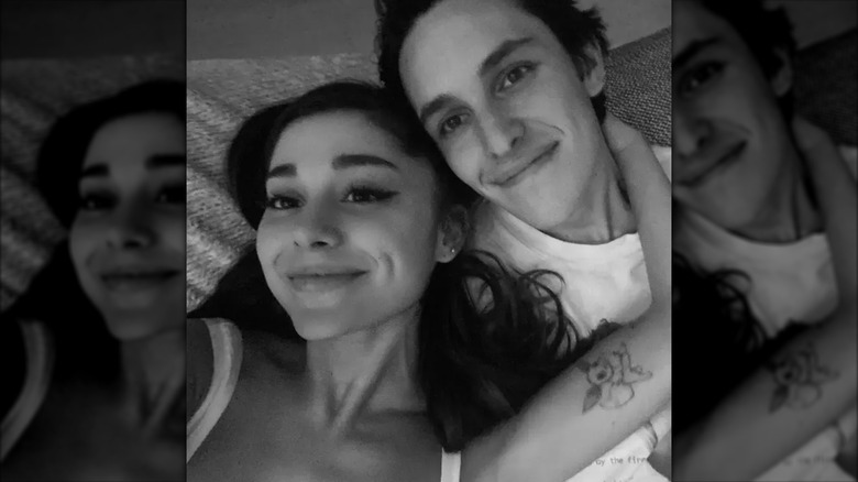 Ariana Grande and Dalton Gomez pose for a black and white selfie