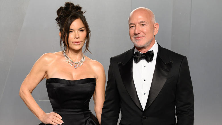 Lauren Sánchez Bezos and Jeff Bezos in black tie formalwear for the Vanity Fair Oscar Party 2026