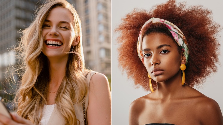 A woman with no hair accessories and a woman wearing a scarf in her hair.