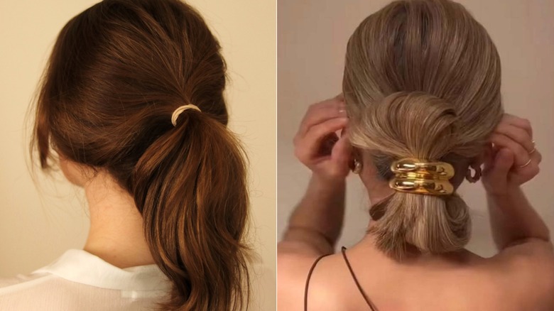 A woman with a ponytail and a woman with a hair cuff.