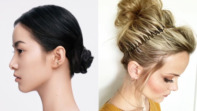 A woman with a sleek updo and a woman wearing a stretchy comb headband.