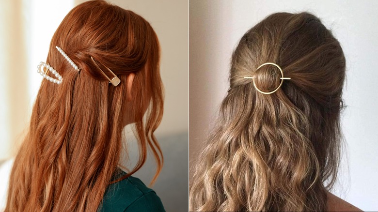 Women wearing different kinds of hair clips.