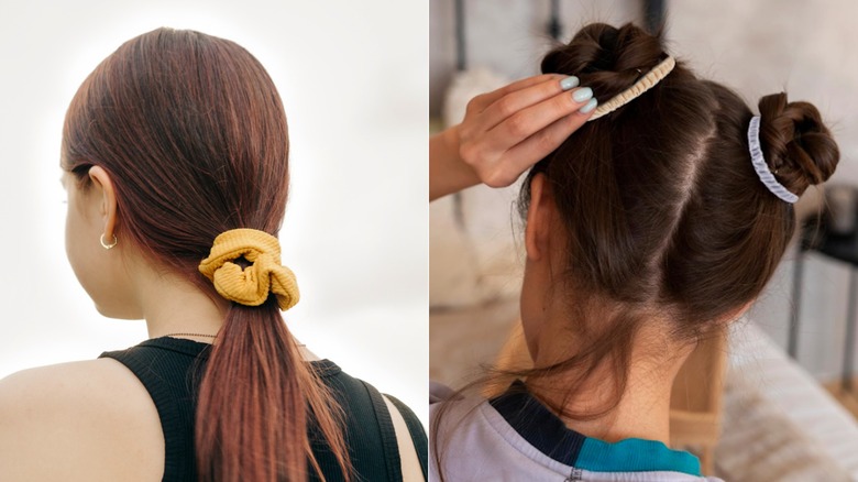 Women wearing hair scrunchies and micro hair scrunchies.