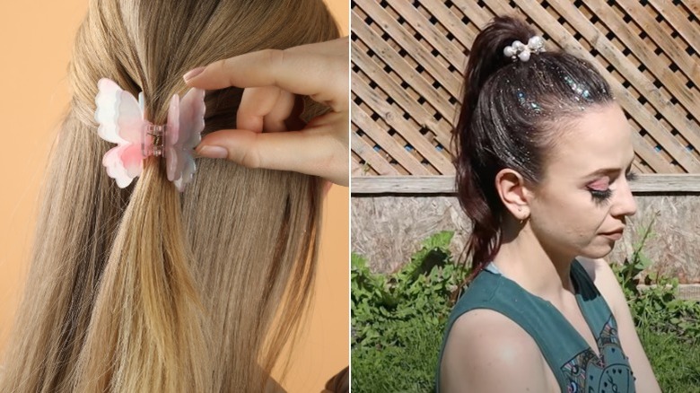 A woman with a butterfly clip and a woman getting glitter gel applied in her hair.
