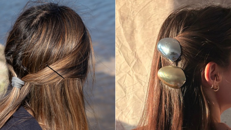 A woman wearing a bobby pin and a a woman wearing hair brooches.