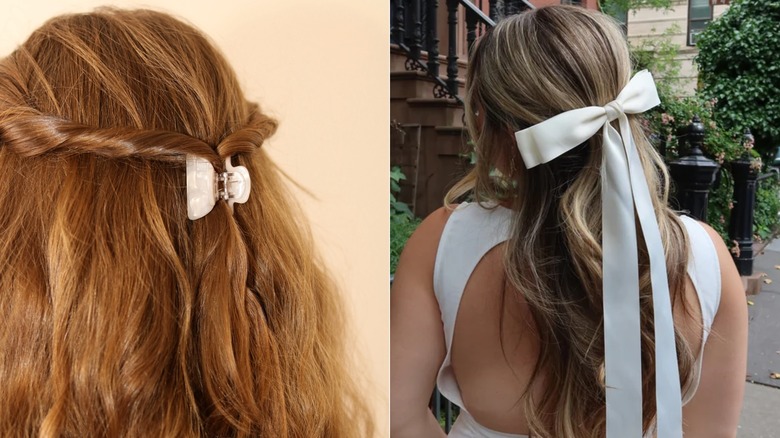 A woman wearing a butterfly clip and a woman wearing a bow in her hair.