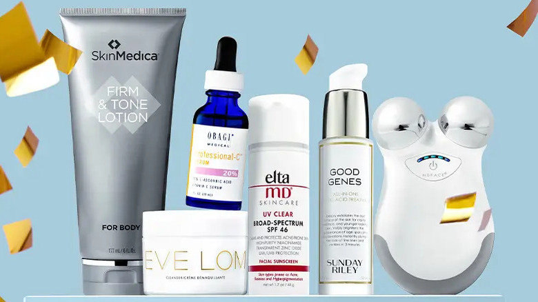 Skincare products on blue background