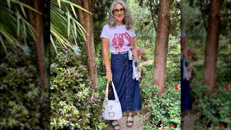 Woman wearing scarf as belt