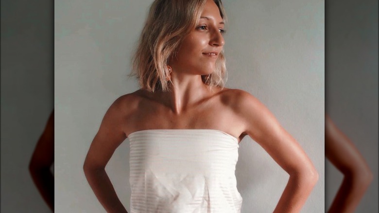 Blonde wearing scarf as tube top