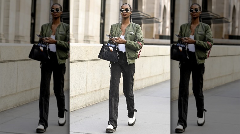 jeans bomber jacket white ankle boots