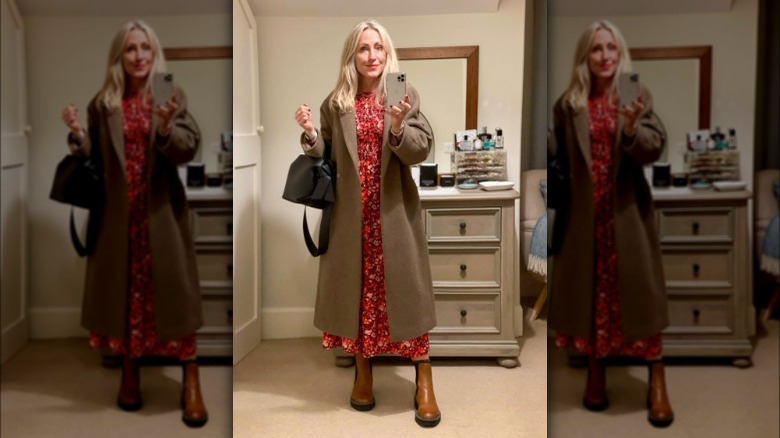 Brown ankle boots and a midi dress