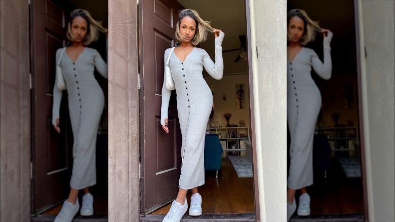 White sneakers and a midi dress