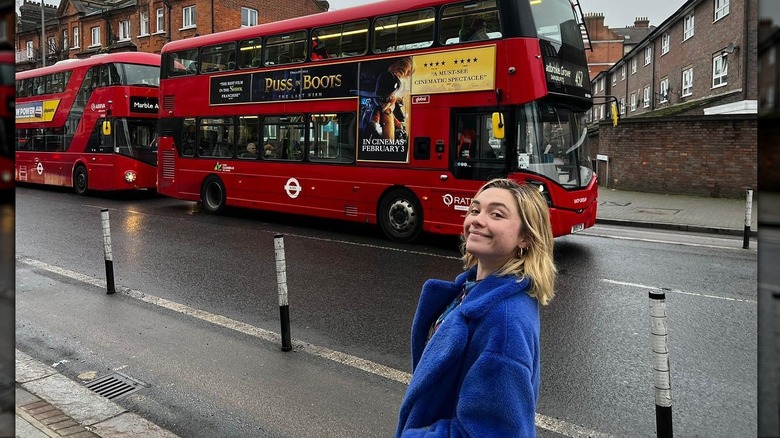 Florence Pugh in blue coat