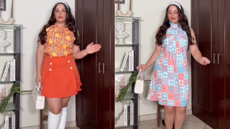 A side-by-side imagine of a woman wearing colorful 1960s-inspired outfits, donning an orange mod outfit on the left and a blue-and-pink dress on the right