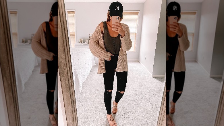 cardigan baseball hat outfit