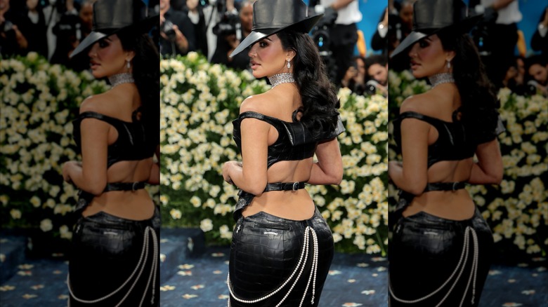 Kim Kardashian wore a leather low-rise skirt to the Met Gala