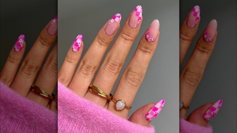 Pink checkerboard nails