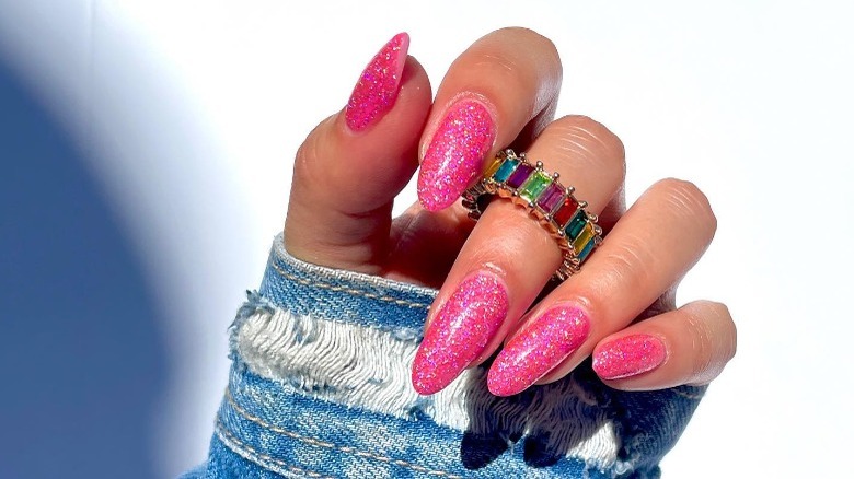 Pink nails with holo glitter finish